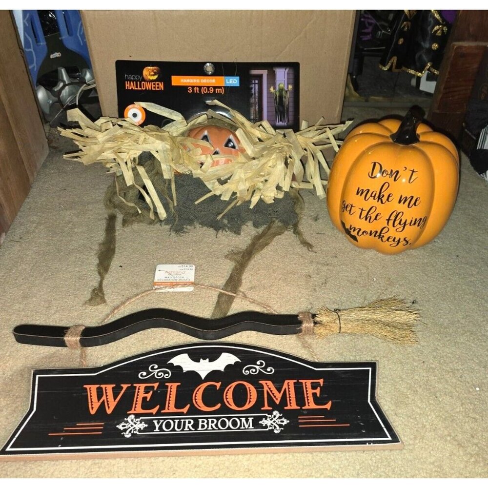 Lot of 3 New Halloween Decor Hanging Witch Broom Sign Flying Monkeys Pumpkin LED